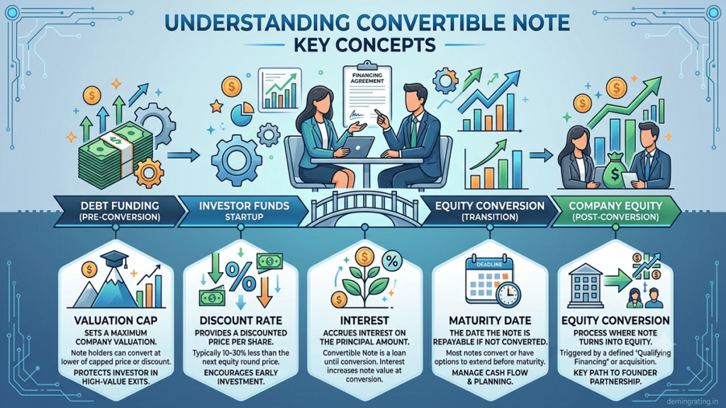 Convertible Note financing process showing startup investment, valuation terms, and conversion into equity shares.