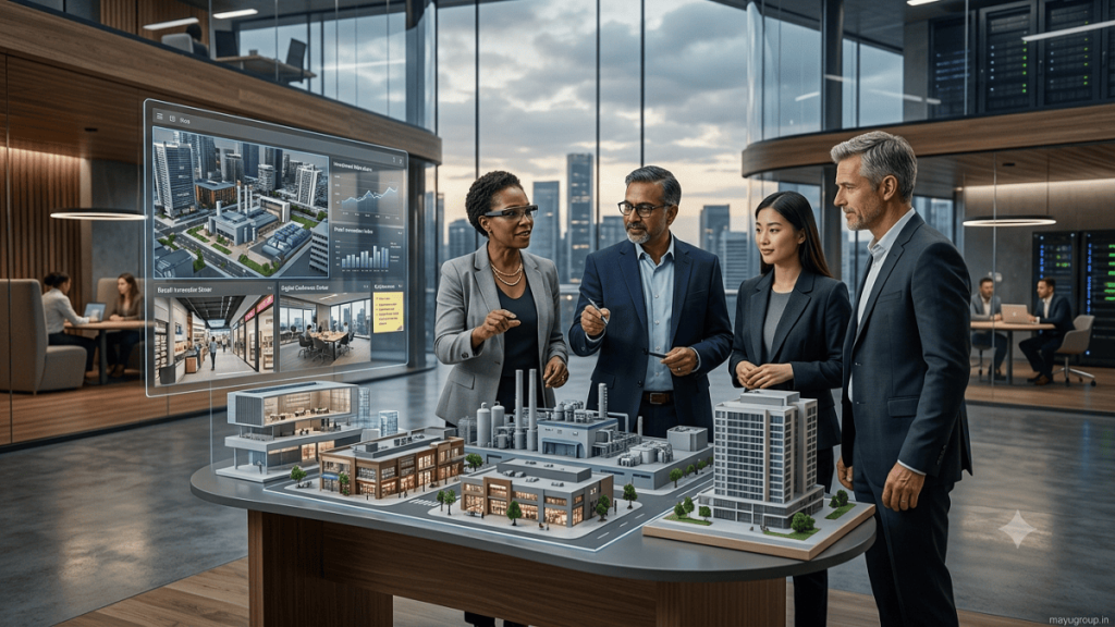 Business executives exploring virtual environments and digital models to demonstrate metaverse investment opportunities.