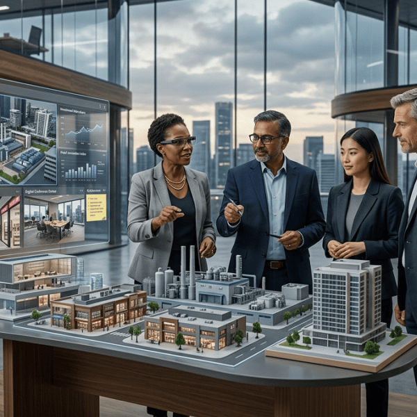 Business executives exploring virtual environments and digital models to demonstrate metaverse investment opportunities.