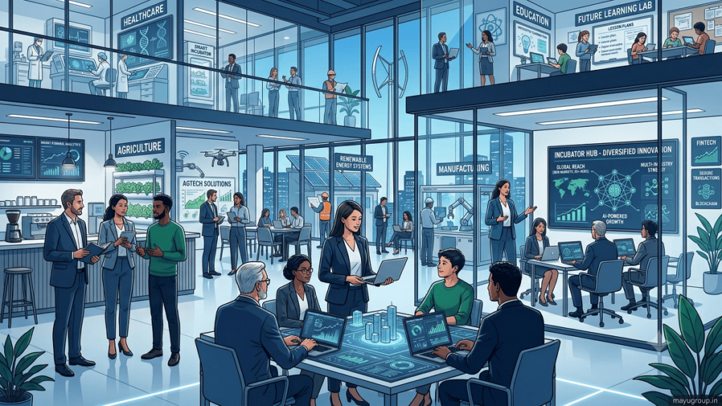 Startup founders collaborating with mentors and investors in a modern innovation hub.