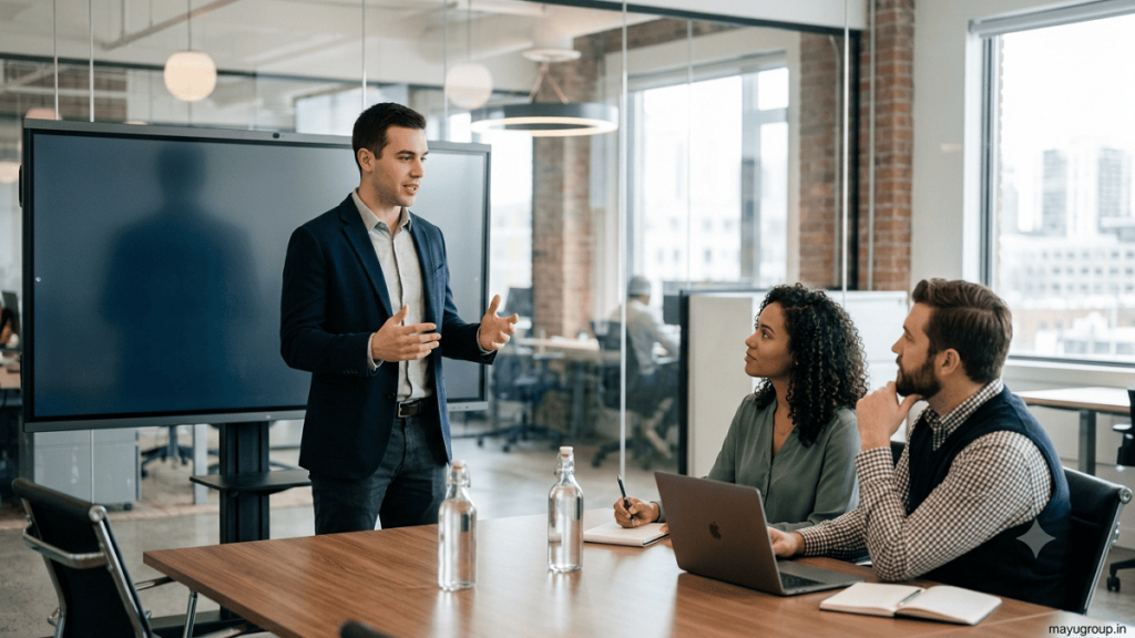 Entrepreneur practising presentation skills with colleagues in a modern startup office.