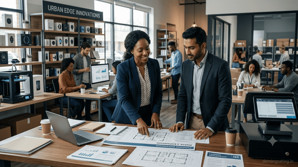 Minority entrepreneur discussing business funding with a financial advisor in a professional office.